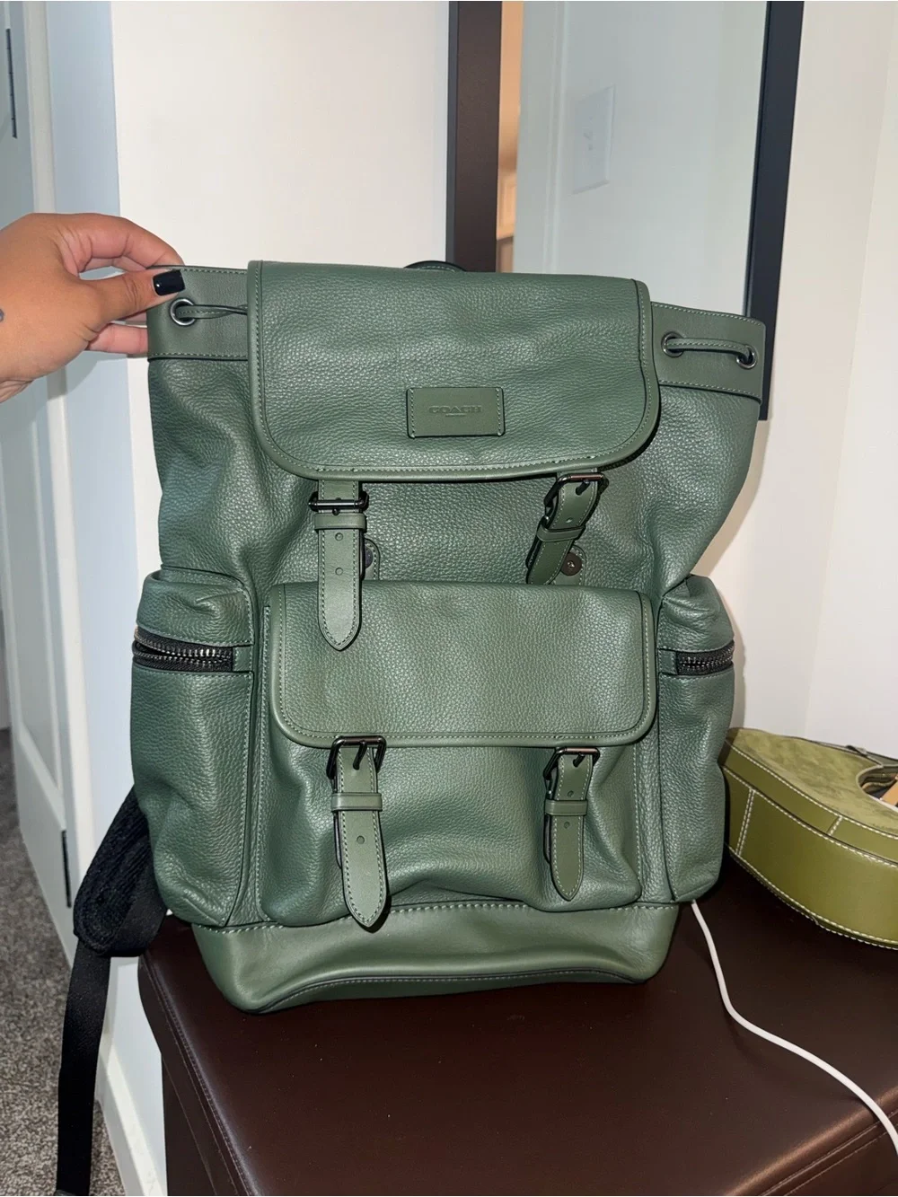 Coach Green Pebbled Leather Backpack with Front Buckle Pockets